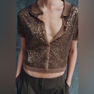 NWT Zara Sequin Knit Top With Peter Pan Collar
